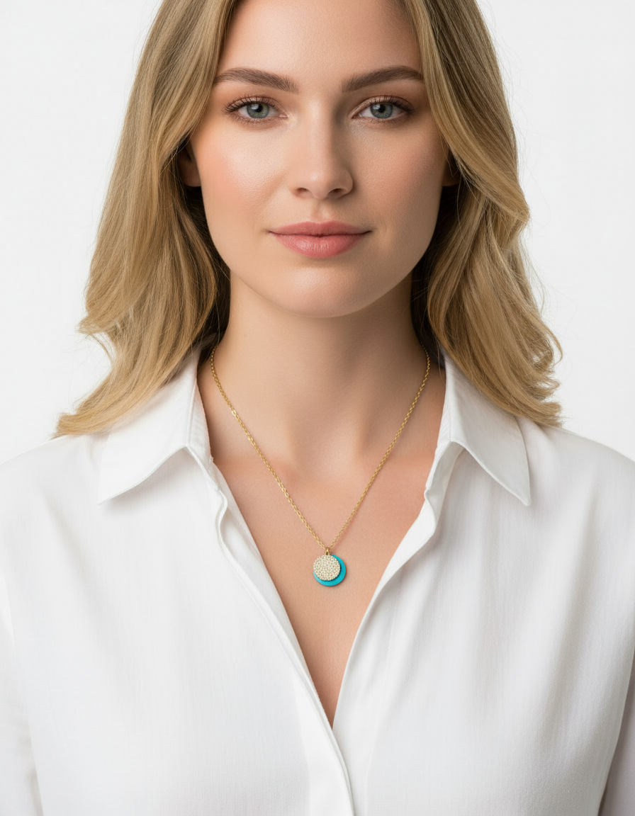 GOLD DISC WITH DIAMOND SIMULANT STONES + TURQUOISE DOUBLE PENDANT NECKLACE