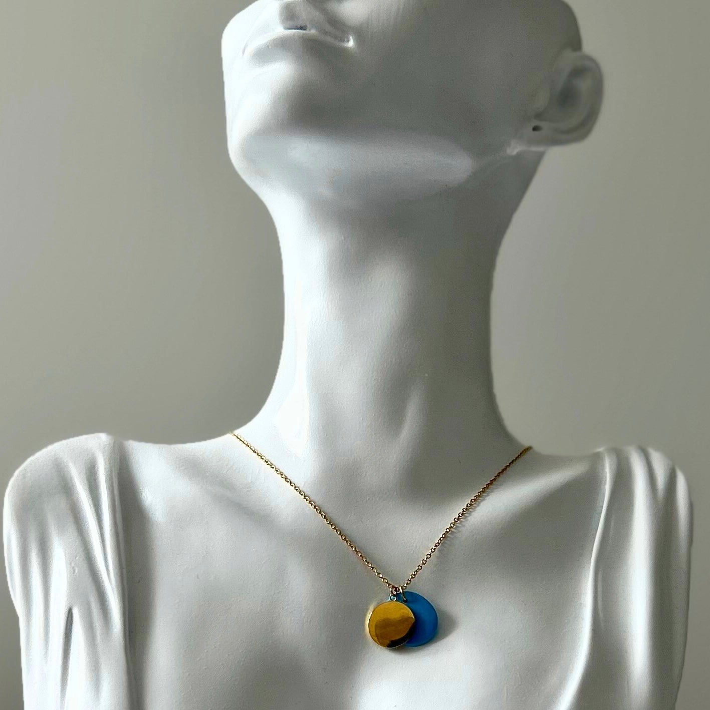 GOLD DISC + TURQUOISE DOUBLE PENDANT NECKLACE