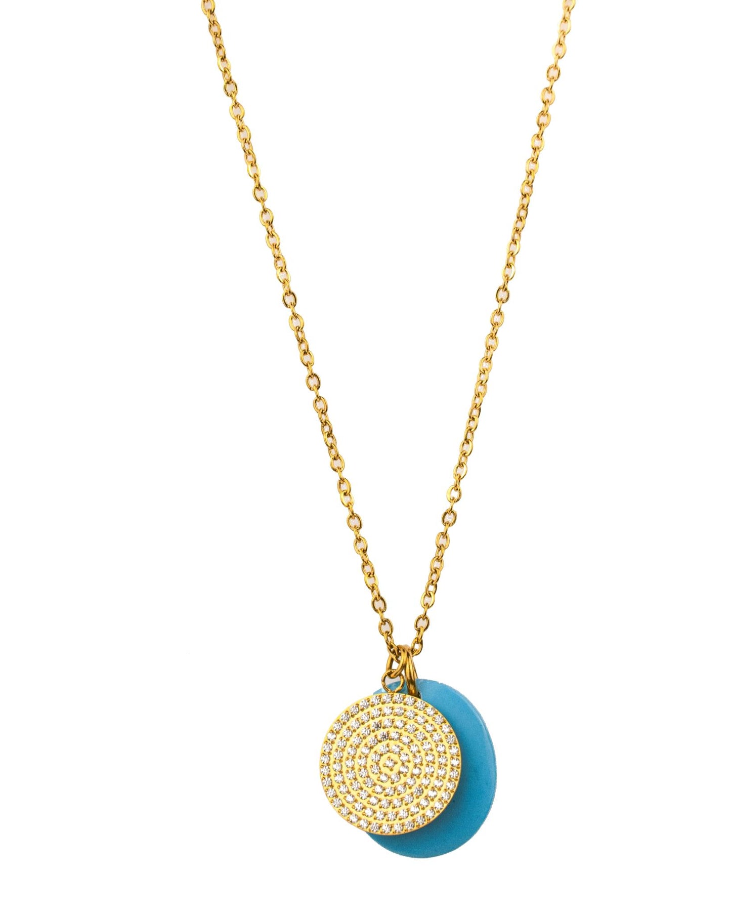 GOLD DISC WITH DIAMOND SIMULANT STONES + TURQUOISE DOUBLE PENDANT NECKLACE