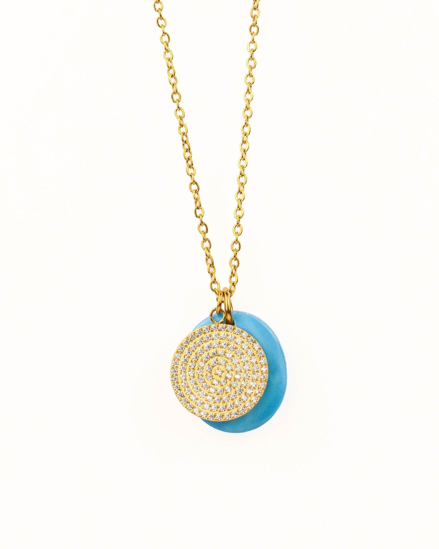 GOLD DISC WITH CZ STONES + TURQUOISE DOUBLE PENDANT NECKLACE