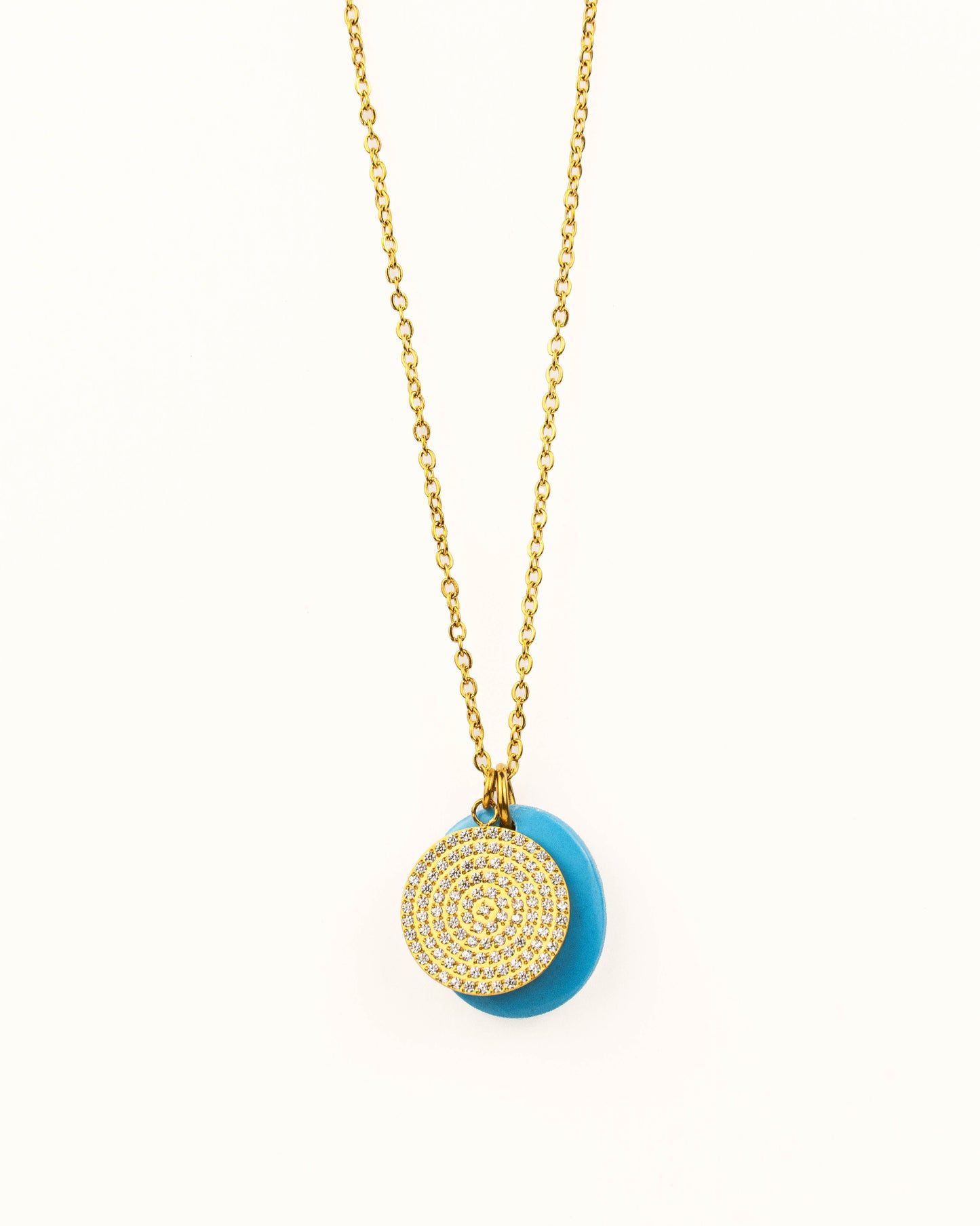 GOLD DISC WITH CZ STONES + TURQUOISE DOUBLE PENDANT NECKLACE