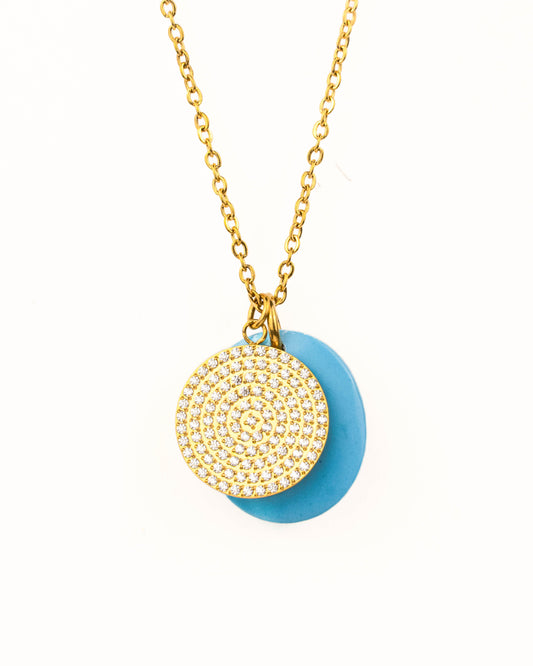 GOLD DISC WITH CZ STONES + TURQUOISE DOUBLE PENDANT NECKLACE