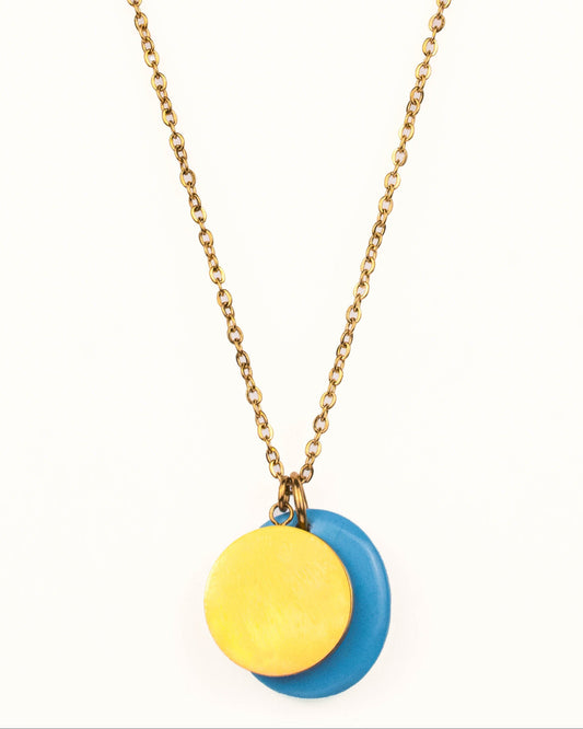 GOLD DISC + TURQUOISE DOUBLE PENDANT NECKLACE
