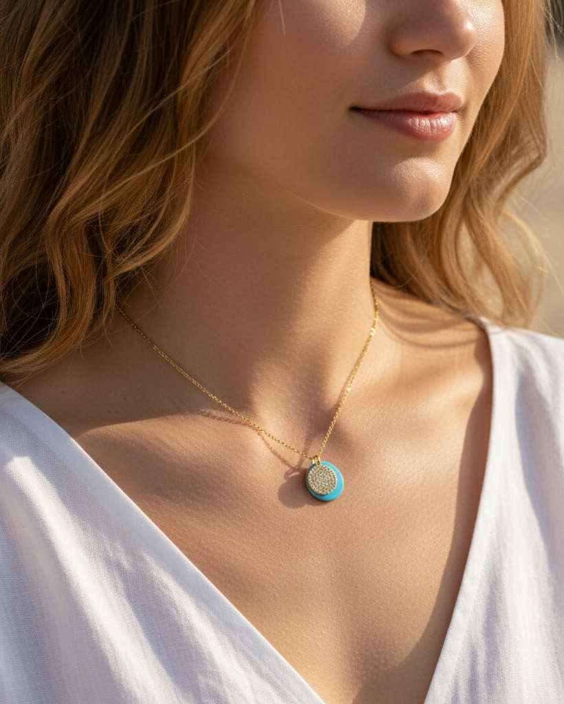 GOLD DISC WITH DIAMOND SIMULANT STONES + TURQUOISE DOUBLE PENDANT NECKLACE