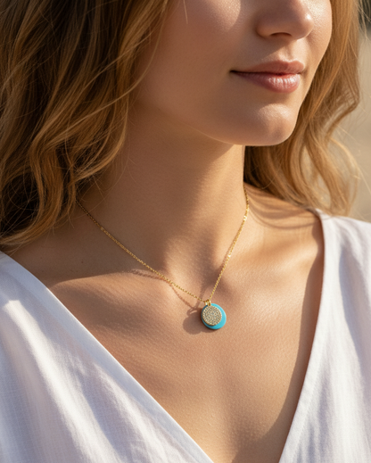 GOLD DISC WITH DIAMOND SIMULANT STONES + TURQUOISE DOUBLE PENDANT NECKLACE
