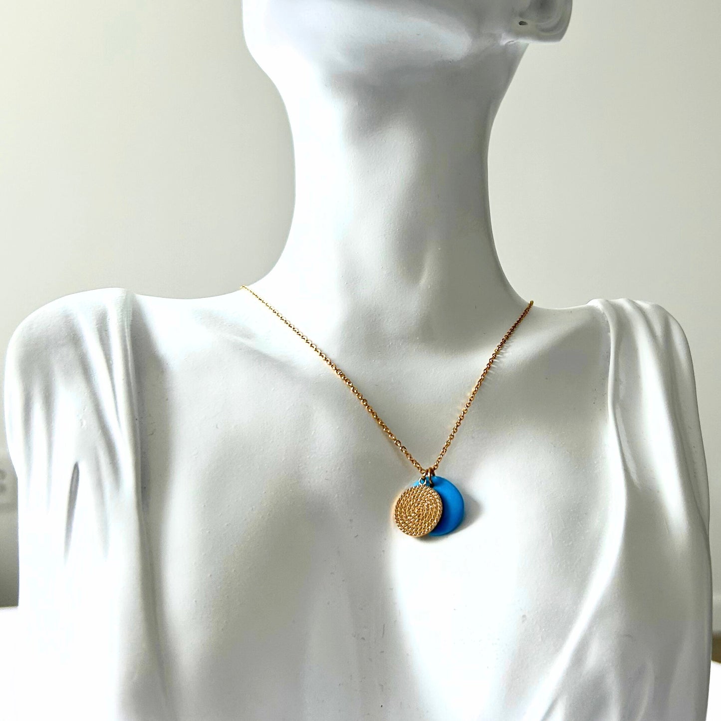 GOLD DISC WITH CZ STONES + TURQUOISE DOUBLE PENDANT NECKLACE