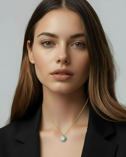 GOLD DISC WITH DIAMOND SIMULANT STONES + TURQUOISE DOUBLE PENDANT NECKLACE