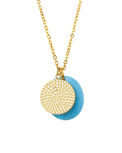 GOLD DISC WITH DIAMOND SIMULANT STONES + TURQUOISE DOUBLE PENDANT NECKLACE