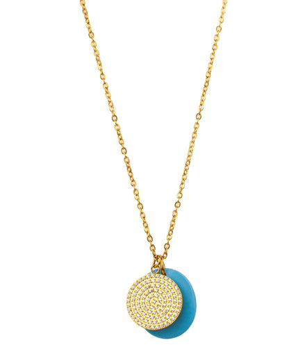 GOLD DISC WITH DIAMOND SIMULANT STONES + TURQUOISE DOUBLE PENDANT NECKLACE